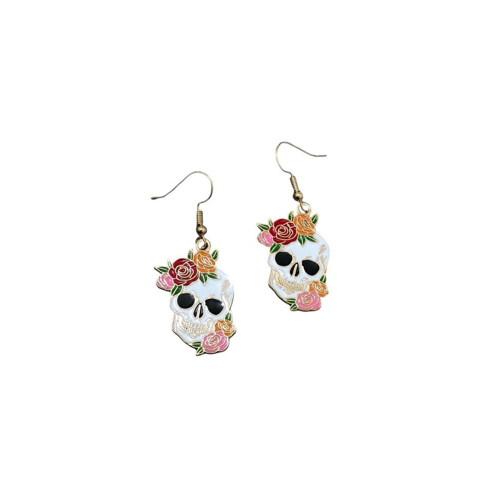 Halloween Goth Horror Skull Head Floral Gold Tone Dangle Earrings